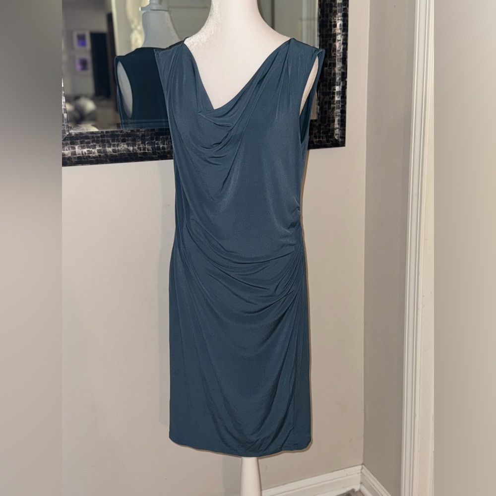 Dark Country Blue Ann Taylor drape neck ruched dress